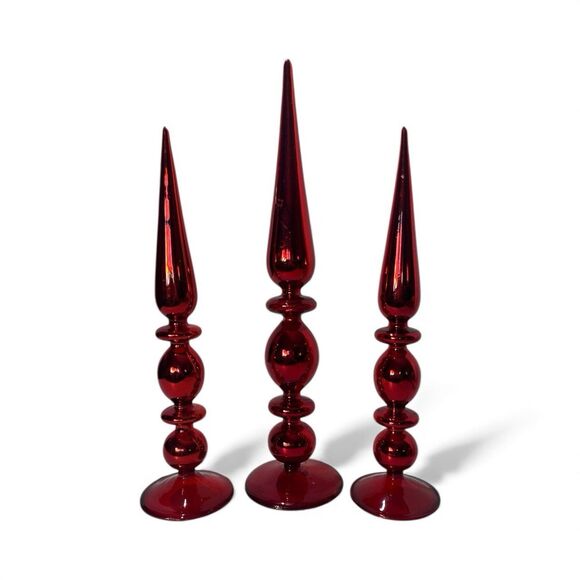 Vintage Handblown Red Mercury Glass Tree Topper Set Of 3 Tabletop RARE FIND - Picture 1 of 11